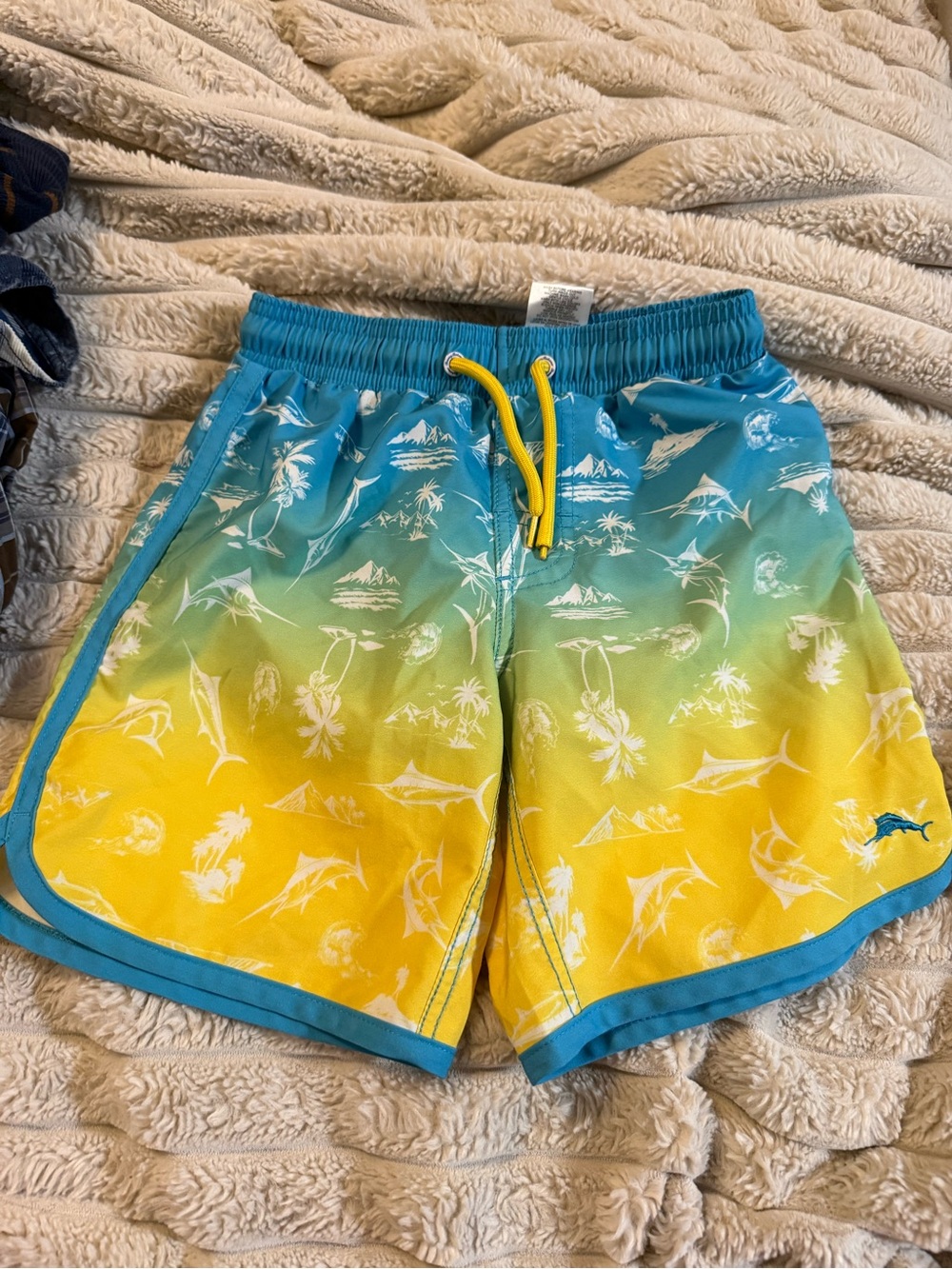 Tommy Bahama Blue and Yellow Gradient Swim Shorts with Tropical Print